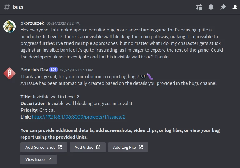 The BetaHub Discord bot handling a report