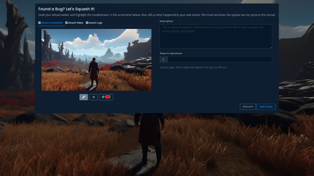 A bug report form shown over a running game