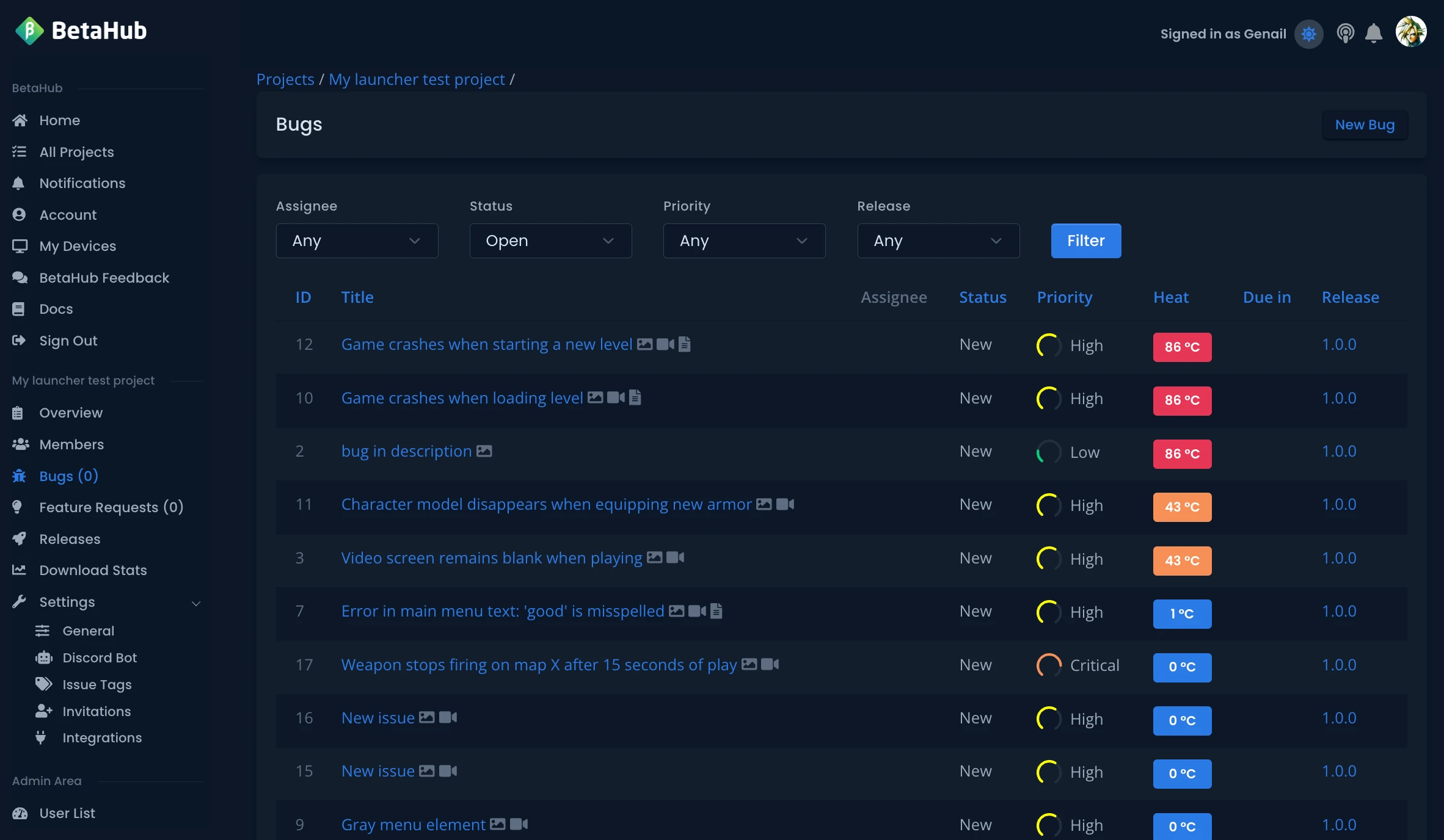 The BetaHub issue tracker